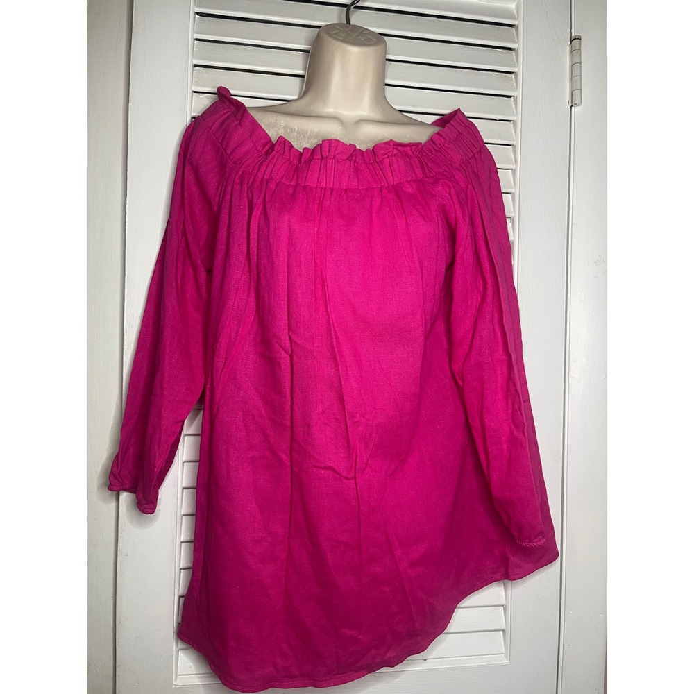 Alex & Olivia Hot Pink Linen Blend Off Shoulder Ruffle Blouse Top Medium NWOT